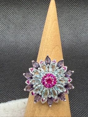 Gorgeous Natural Ruby , Blue Topaz, Amethyst Sunburst Floral Hearts Ring Sz 9